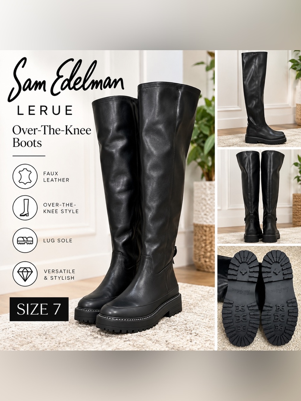 Sam Edelman Lerue Womens Faux Leather Lug Sole Over-The-Knee Boots Sz 7